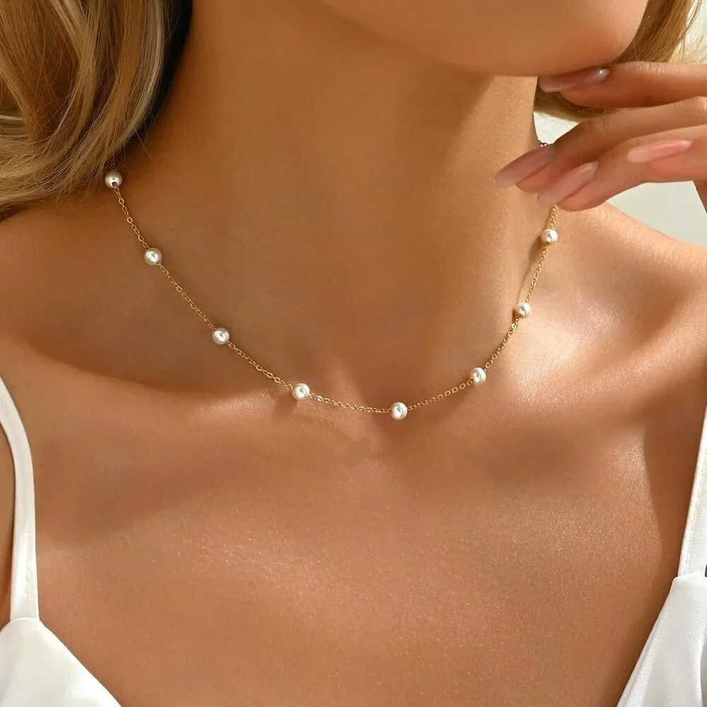Jewigo 18K Gold Plated Pearl Necklace Women Dainty Choker Pendant Wedding Gift - Picture 4 of 6